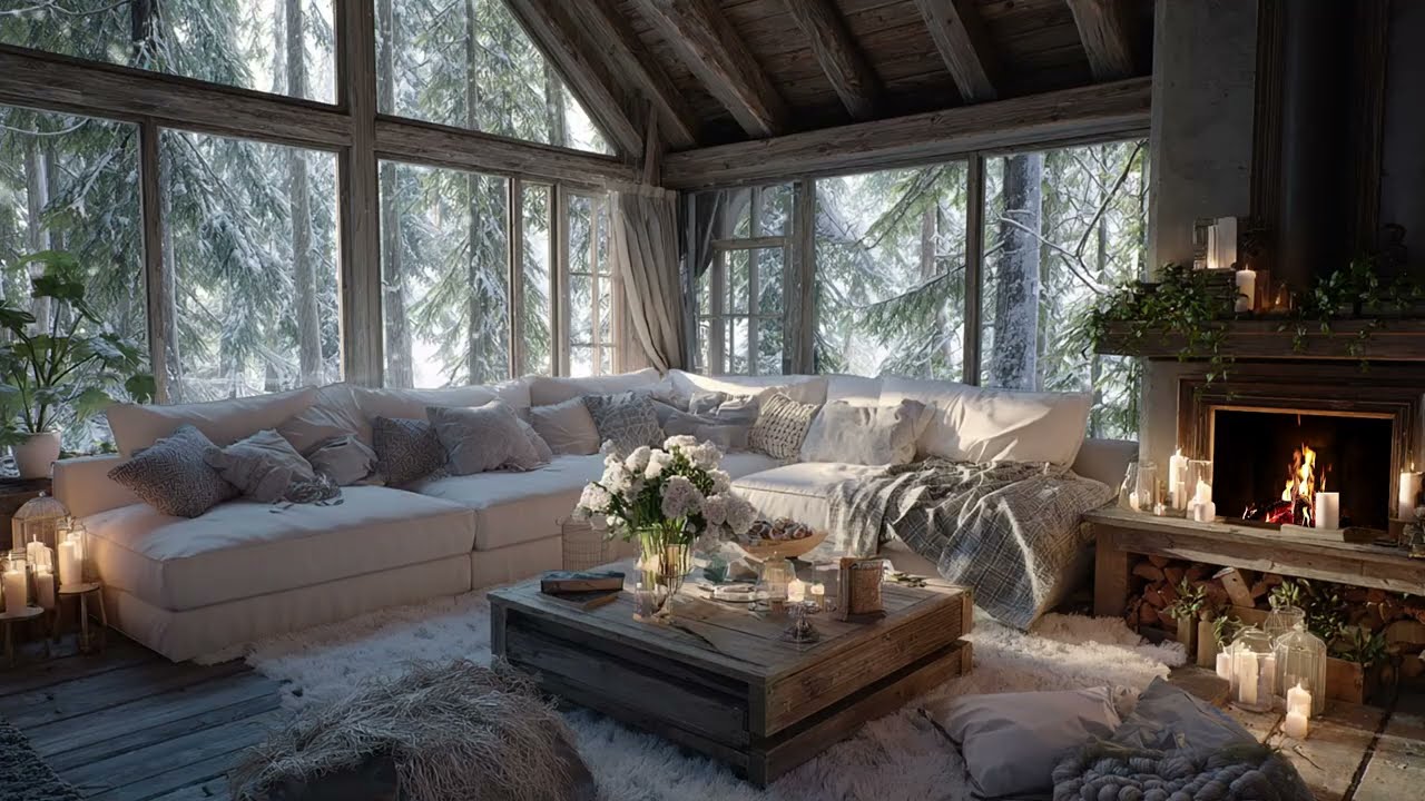 Snowy Forest Piano Retreat: Calming Cabin Fireplace and Falling Snow for Mental Clarity
