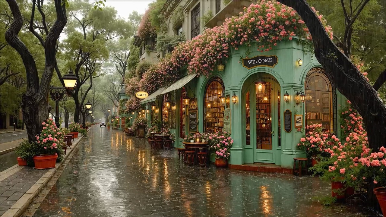 Romantic Rainy Caf&eacute; Street Covered in Roses 🌧️ Smooth Jazz & Rain Sounds for Relax & Quiet Moments ☕