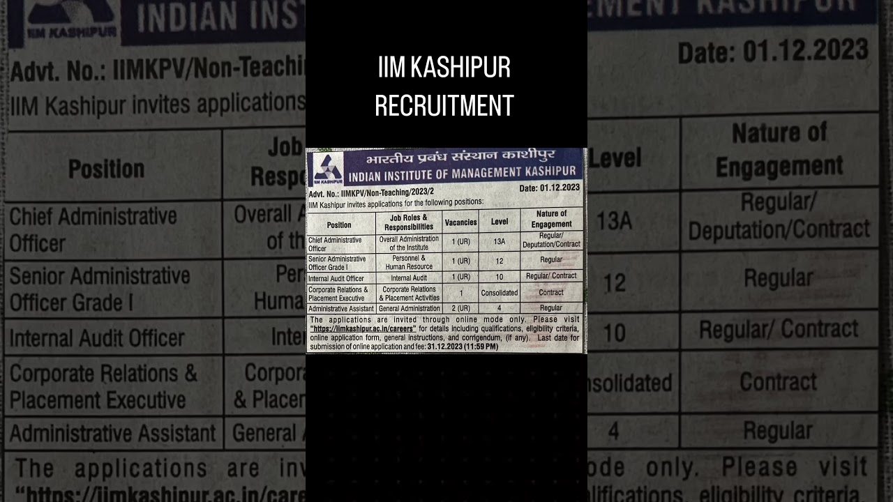 IIM KASHIPUR RECRUITMENT 2023 #iim #kashipur #shorts #jobs #indian #indianinstitute #management