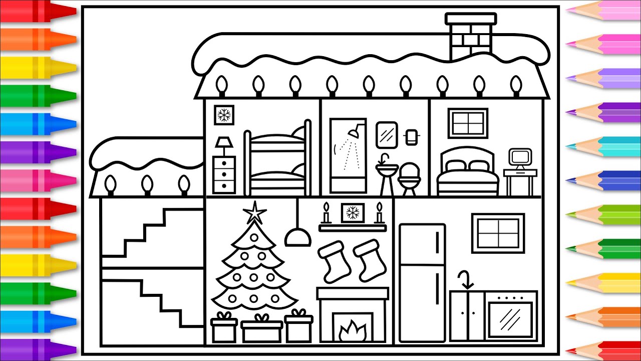 How to Draw a Christmas House with Decorations 🎄❄️❤️💚Christmas Drawing and Coloring Pages for Kids