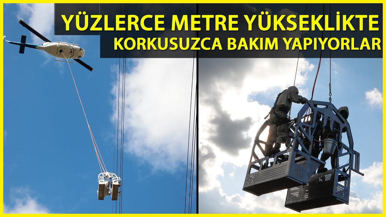 Helikoptere Bağlı Sepetle Elektrik İletim Hatlarına Bakım Yaparken Ölüme Meydan Okuyorlar