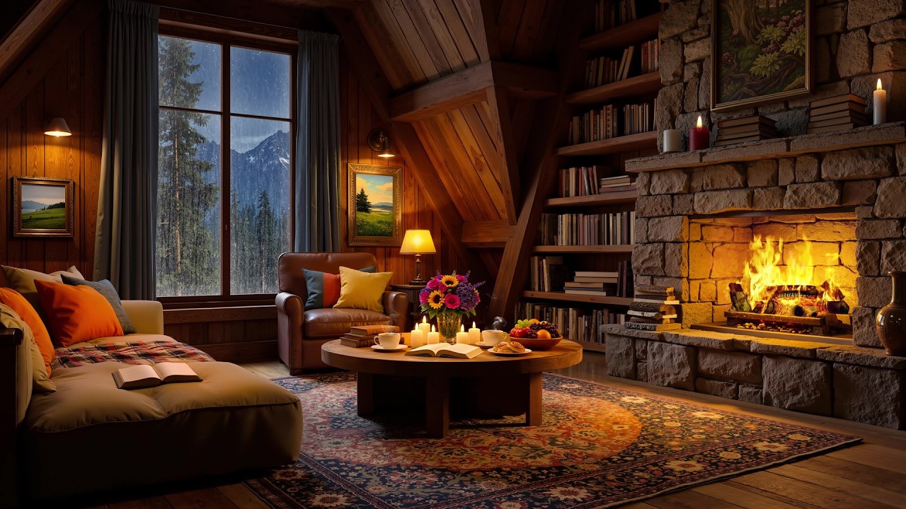 Stress Relief in a Cozy Cabin Ambience - Smooth Jazz with Crackling Fireplace & Rain Sounds