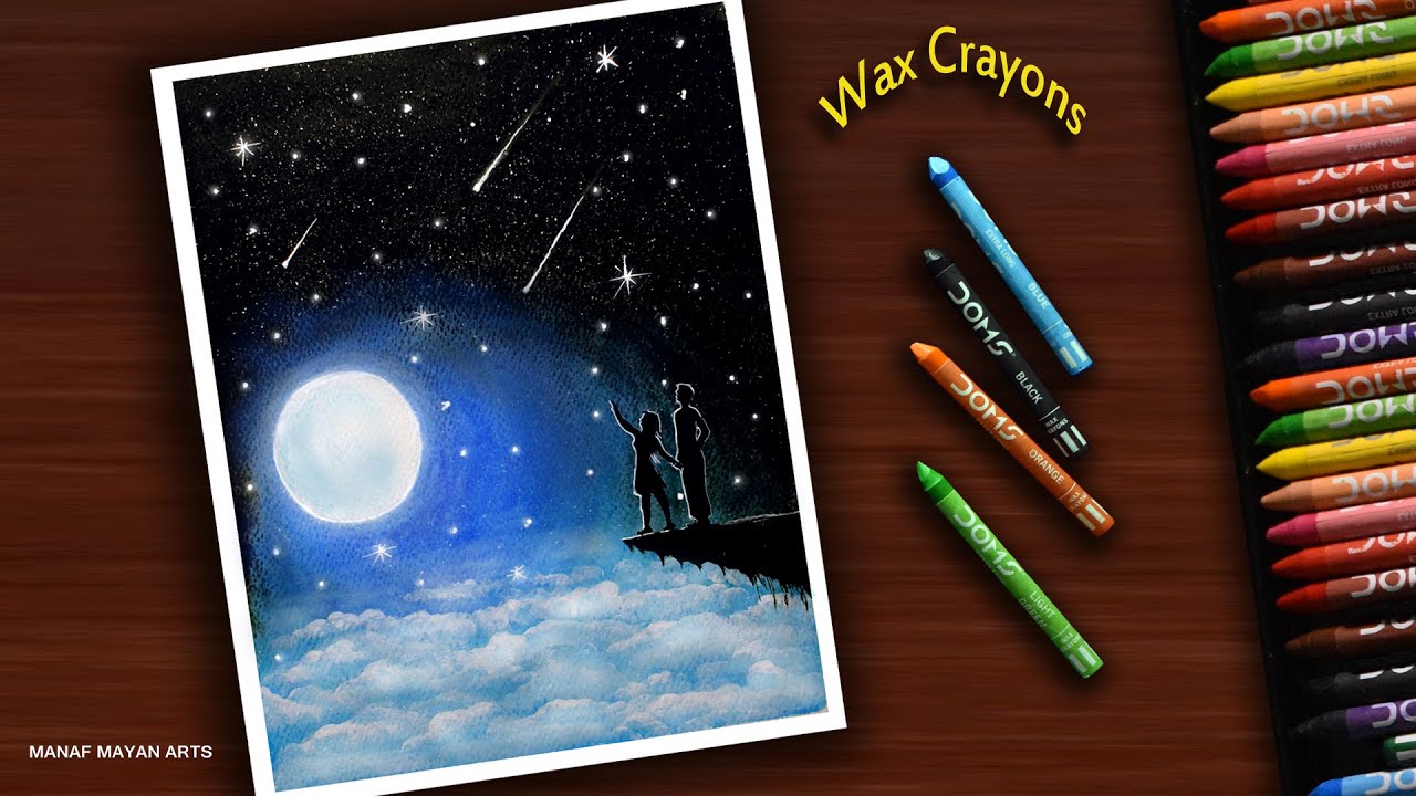 Couple in Moonlight | Easy Drawing for Beginners with Wax Crayons | step by step #141