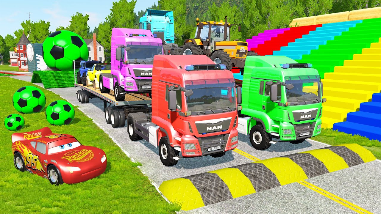 Flatbed Trailer McQueen Transportation with Truck - Speedbumps vs Cars vs Train - BeamNG.Drive #22