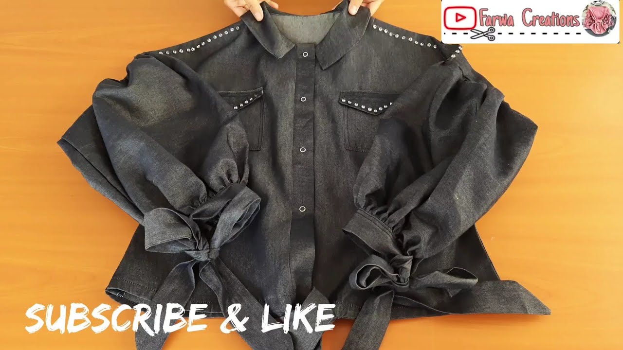 DIY PUFF SLEEVE JACKET WITH COLLAR NECK AND TIE SLEEVES BAND| DENIM BLOUSE WITH TIE FRONT|HOW TO SEW