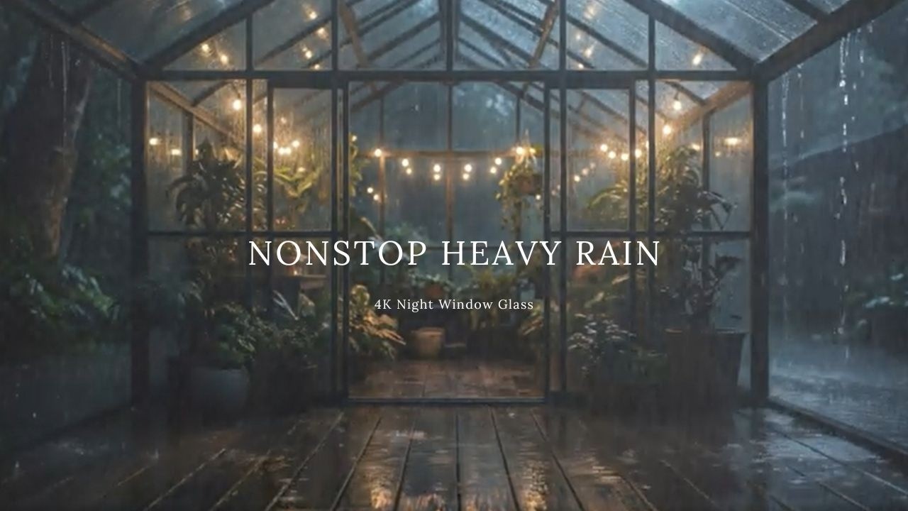 Nonstop Heavy Rain on Panoramic Glass Roof — 4K Night Window Glass