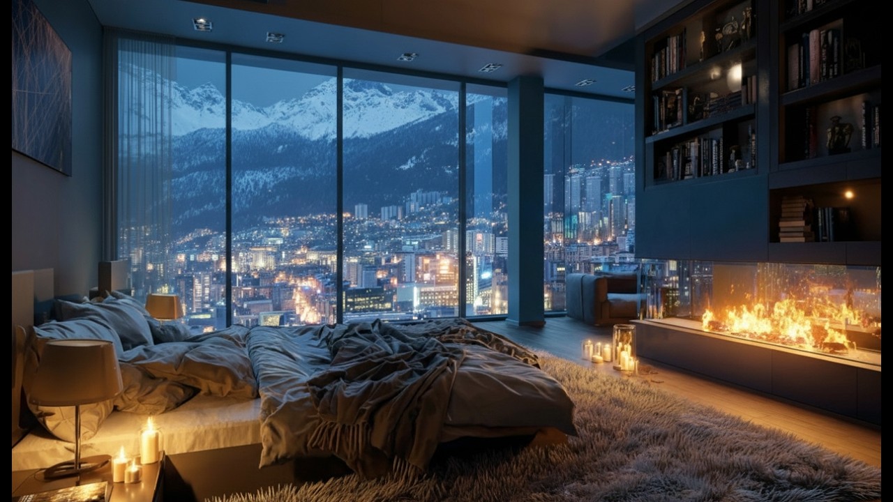 (4K)  🏙️🔥 Night City + Snowy Mountain View Bedroom Fireplace Ambience | 4 Hours | Slow Piano Jazz