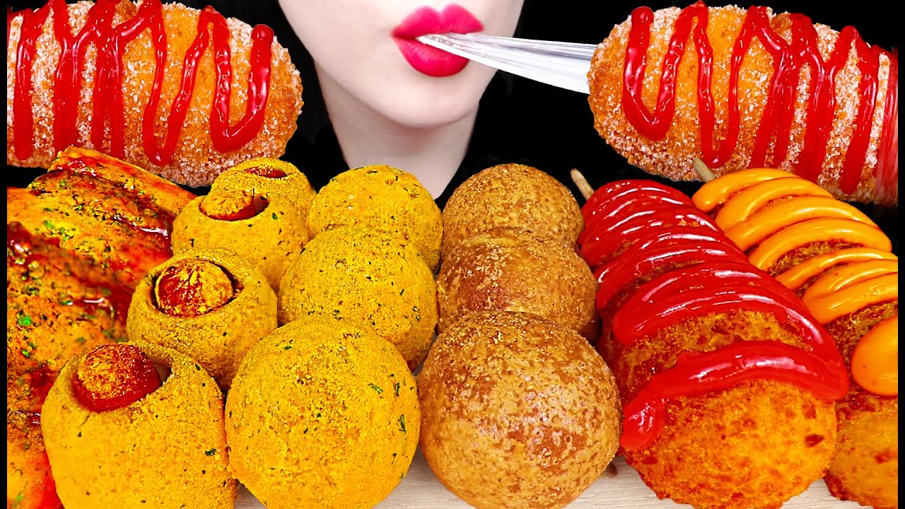 ASMR MOZZARELLA CORN DOG, CHEESE BALL, HOT DOG 뿌링클 치즈볼, 치즈 핫도그 먹방 MUKBANG, EATING