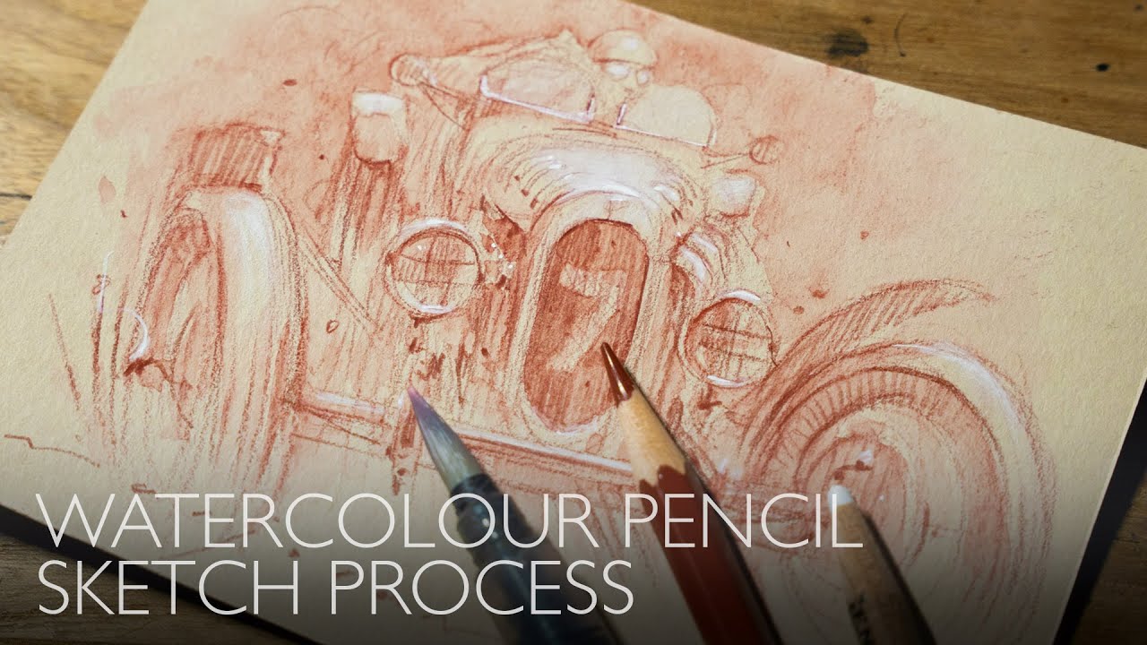 Процесс создания эскиза старинного автомобиля — акварельный карандаш Faber Castell и тонированная...