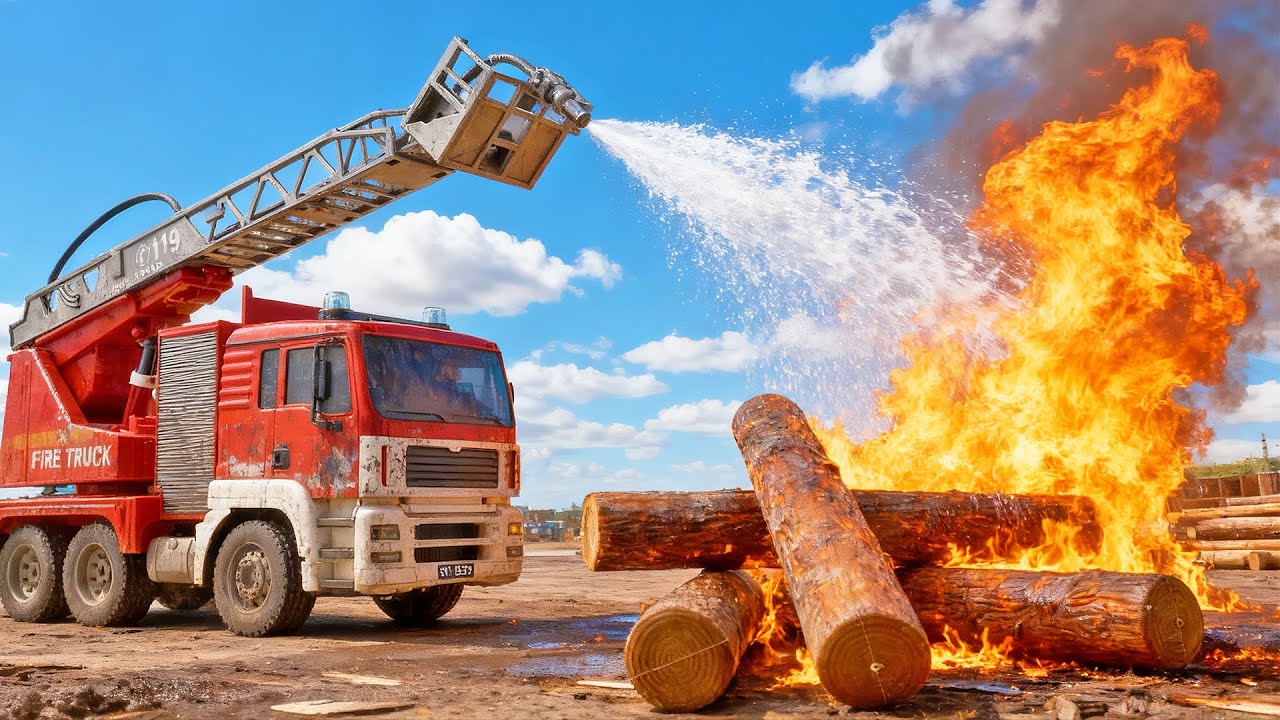 Пожарная машина тушит пожар, лес горит!