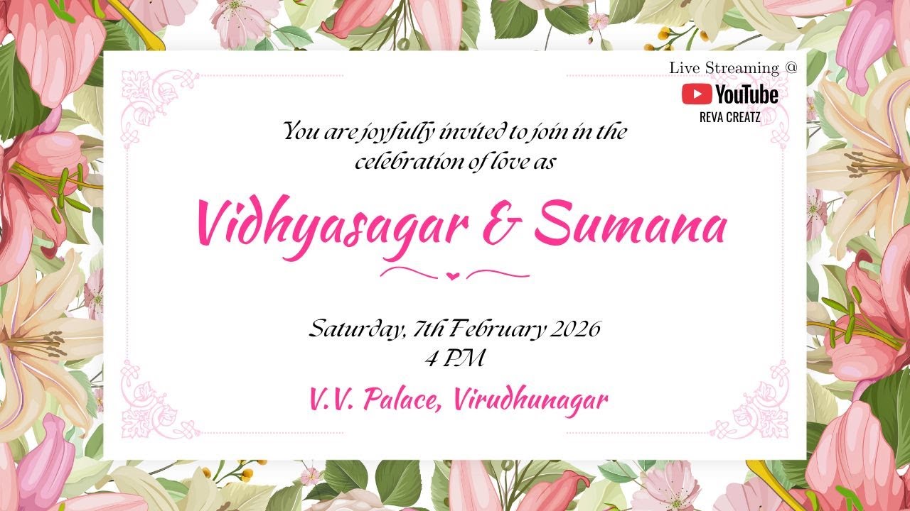 Live: Reception of Vidhyasagar & Sumana | 7th Feb | Saturday | V. V Palace, Virudhunagar | 4 PM