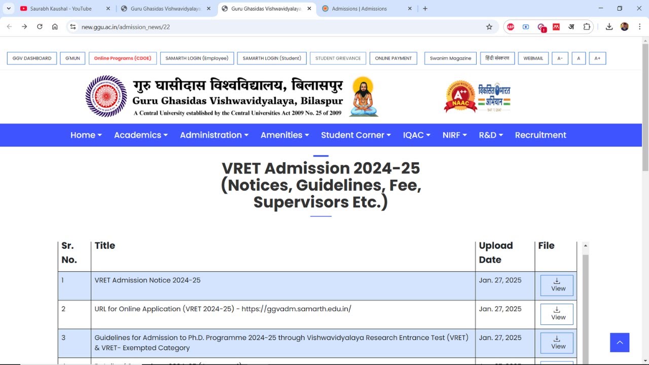 Guru Ghasidas Vishwavidyalaya PhD 2025 Application Form is Out 📢 Central University Bilaspur💥VRET✅