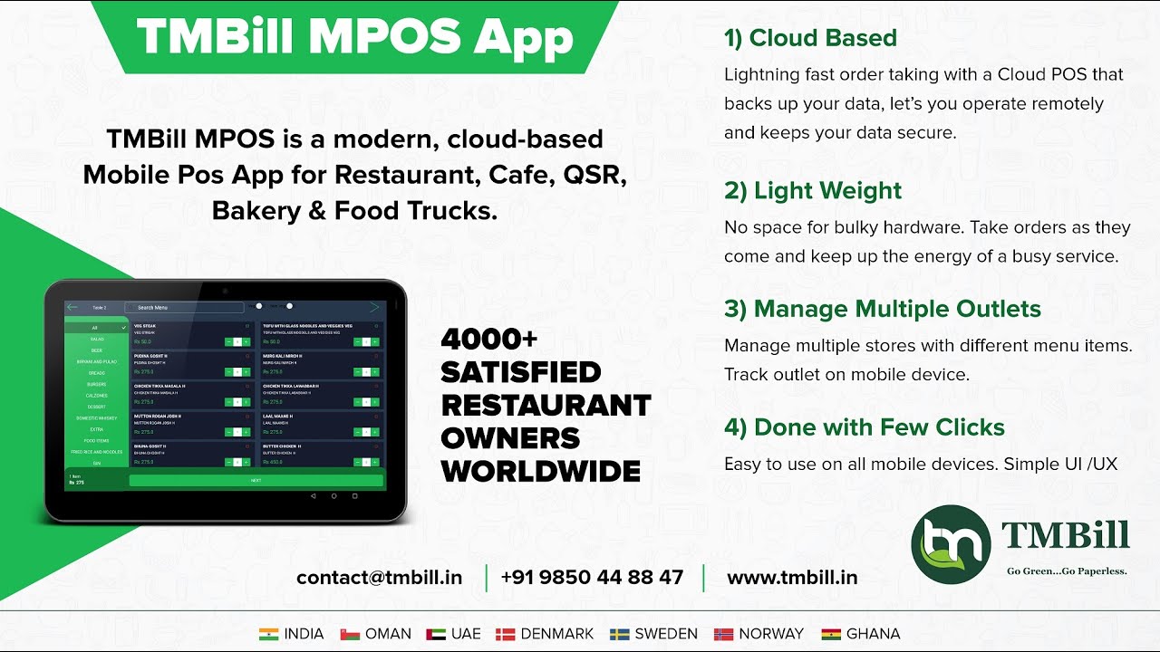 Complete Restaurant Mobile POS with Online Orders Integration - TMBill Atlantic MPOS App | English