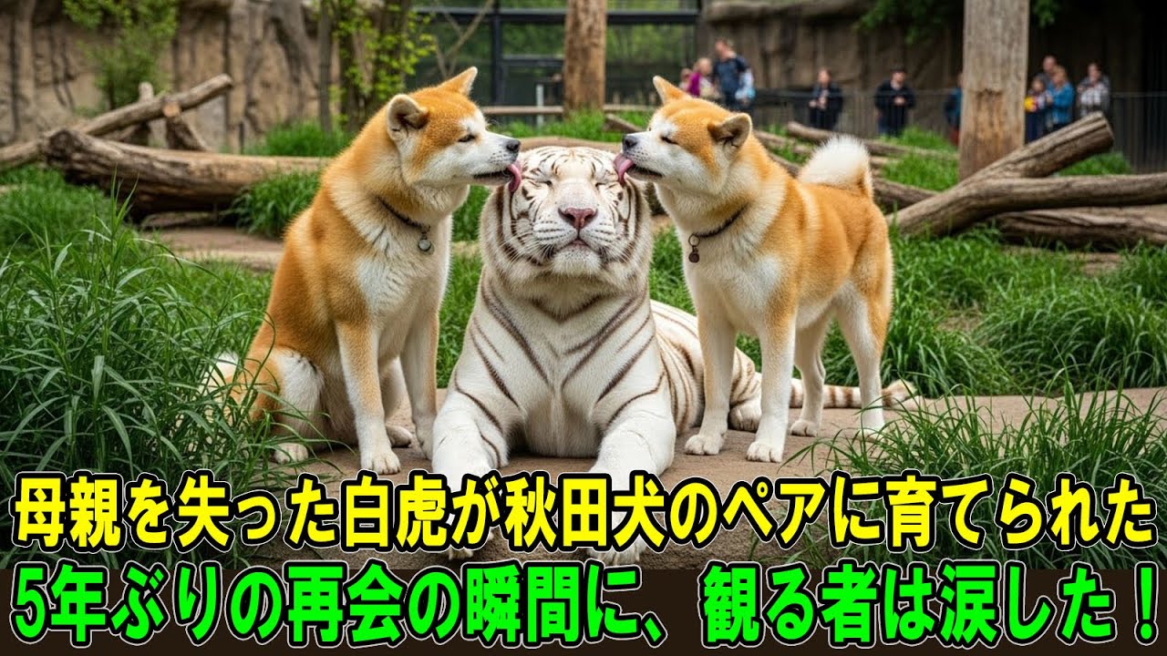 【奇跡の実話】 母親を失った白虎が秋田犬のペアに育てられた…5年ぶりの再会の瞬間に、観る者は涙した！
