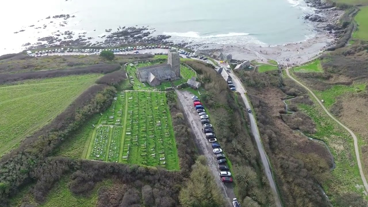 Drone view- Wembury Beach, Devon ,UK. - Wembury Church and National Trust Beach