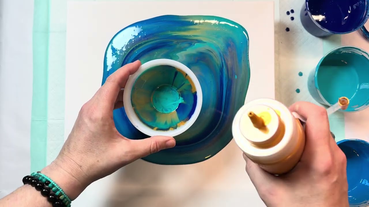 Gorgeous Blues & Iridescent Gold Fluid Art ~ Acrylic Pour Painting Using A Funnel! 💙🩵💛