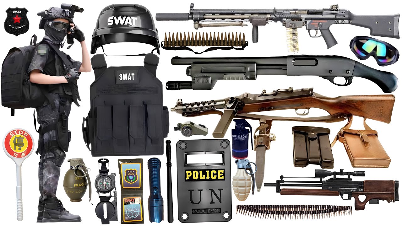 Special Forces military toy gun set unboxing,AWM sniper rifle,assault rifle,tactical helmet,landmine