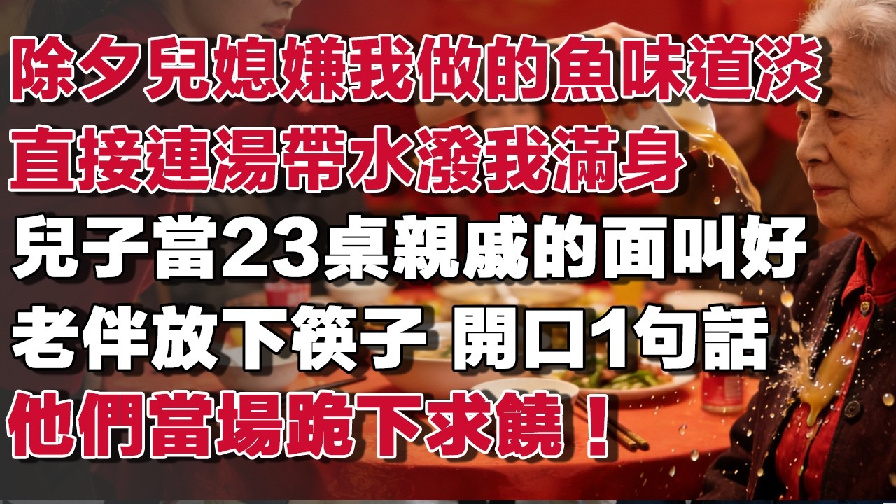 除夕兒媳嫌我做的魚味道淡直接連湯帶水潑我滿身兒子當23桌親戚的面叫好老伴放下筷子 開口1句話 他們當場跪下求饒！​#情感故事 #養老故事 #樂齡故事匯