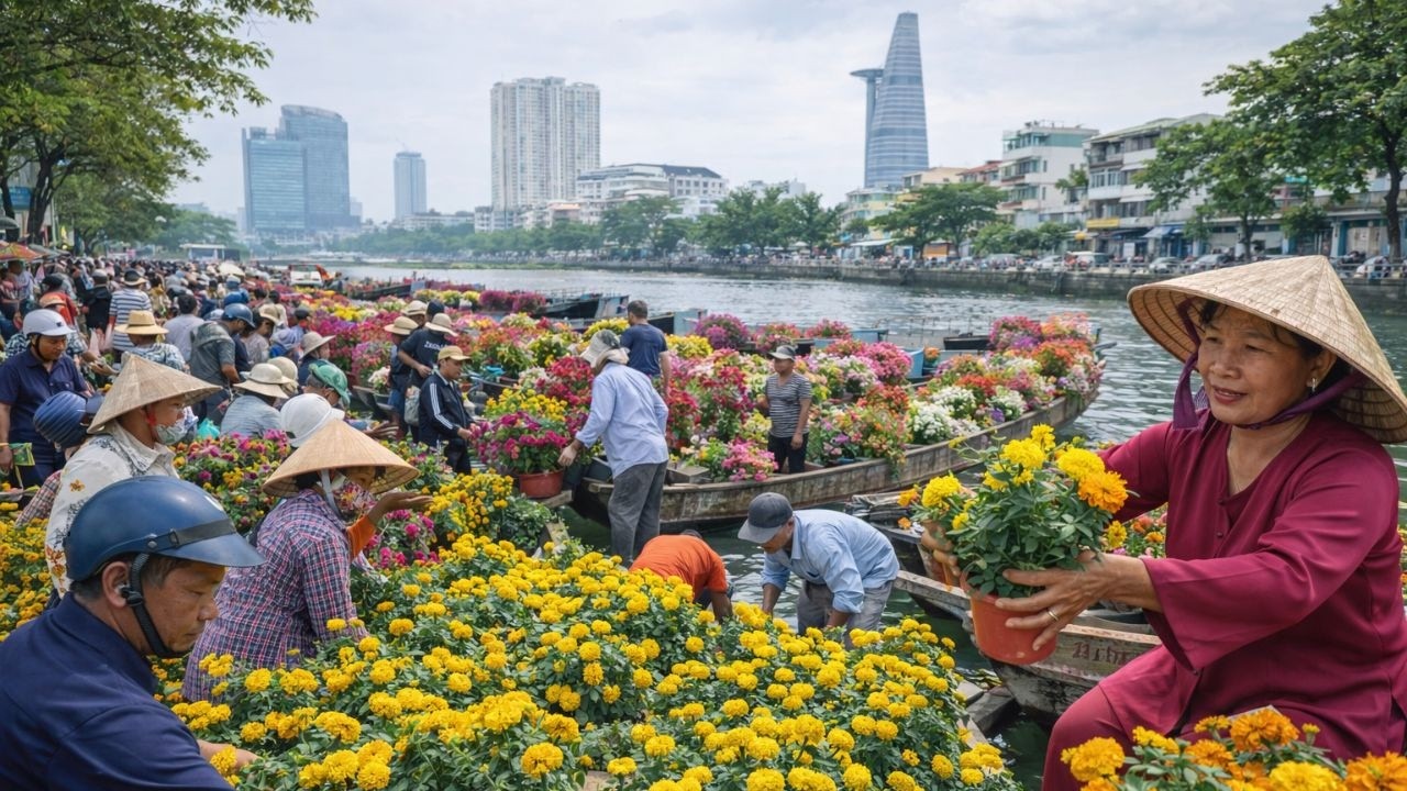 Theo chân đại gia đi mua bông giấy, vạn thọ 2 màu Bến Bình Đông Sài Gòn