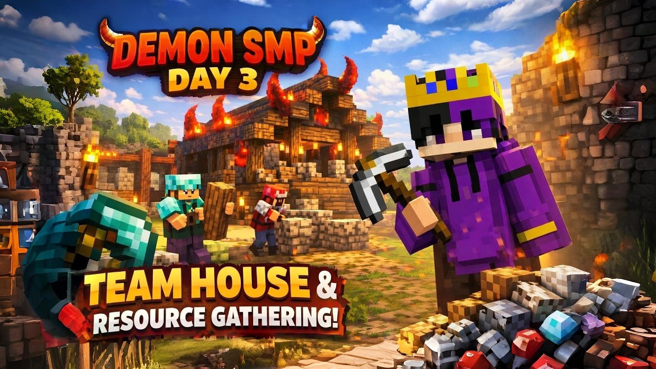 Demon SMP Day 3 | Team House Build & Material Grinding