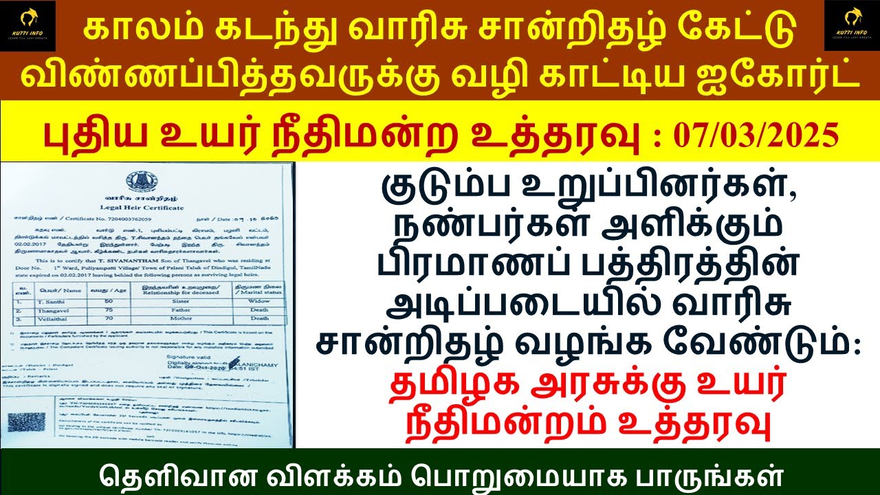 வாரிசு சான்றிதழ் உயர்நீதிமன்றம் புதிய தீர்ப்பு LEGAL HEIR CERTIFICATE ‪COURT ORDER 2025@Kutti Info