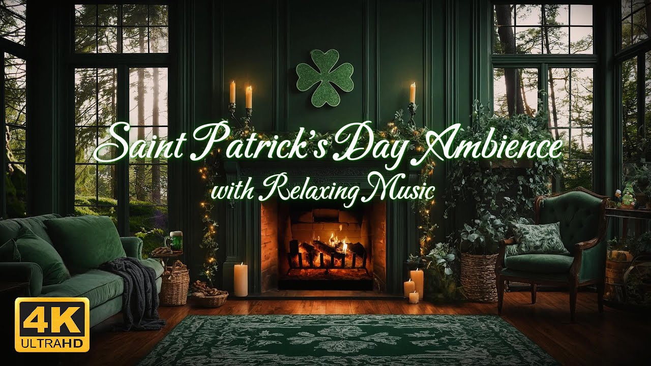 Saint Patrick's Day Ambience by the Fire with Relaxing Music | Cozy Irish Ambience ☘️🎩💚 #green