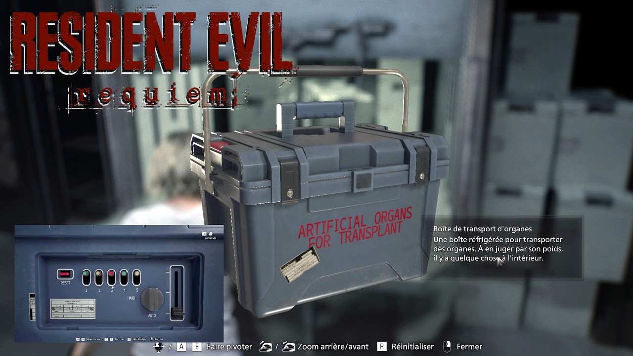 &Eacute;NIGME / PUZZLE / COMMENT OUVRIR BOITE DE TRANSPORT D'ORGANE - CENTRE DE SOINS RESIDENT EVIL REQUIEM