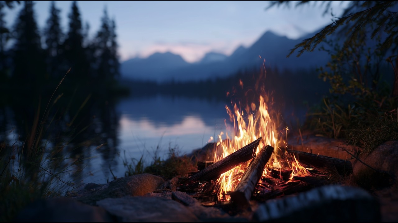 10 Hours Campfire by a Quiet Nordic Lake 🔥 Relaxing Fire Sounds & Mountain Night Ambience