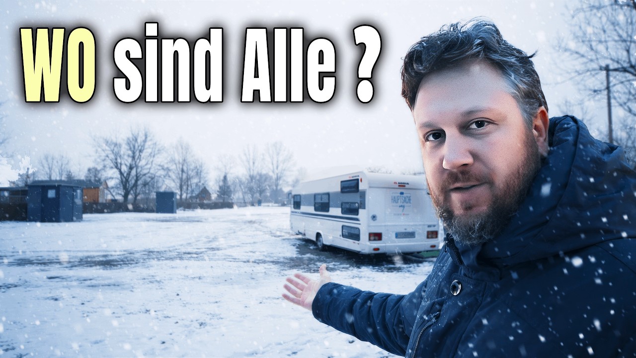 Camping ganz Allein auf Brandneuem Campingplatz mit Wohnwagen im Winter bei Schnee