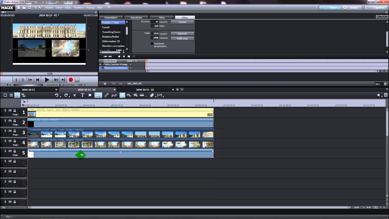 Creer une intro avec 1 image fixe+ 2 videos intégrées avecMagix video deluxe