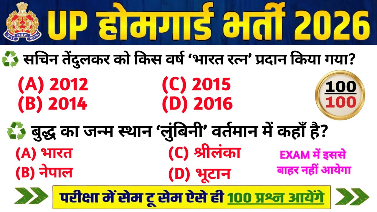 UP Home Guard भर्ती 2025 | UP GK Top 100 Questions | UP Gk Previous Year Questions Paper | Day's 390