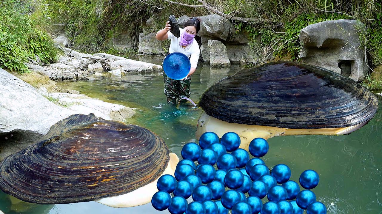 😱🎁When I pried open the giant clam, there were enchanting blue pearls inside, incredibly precious