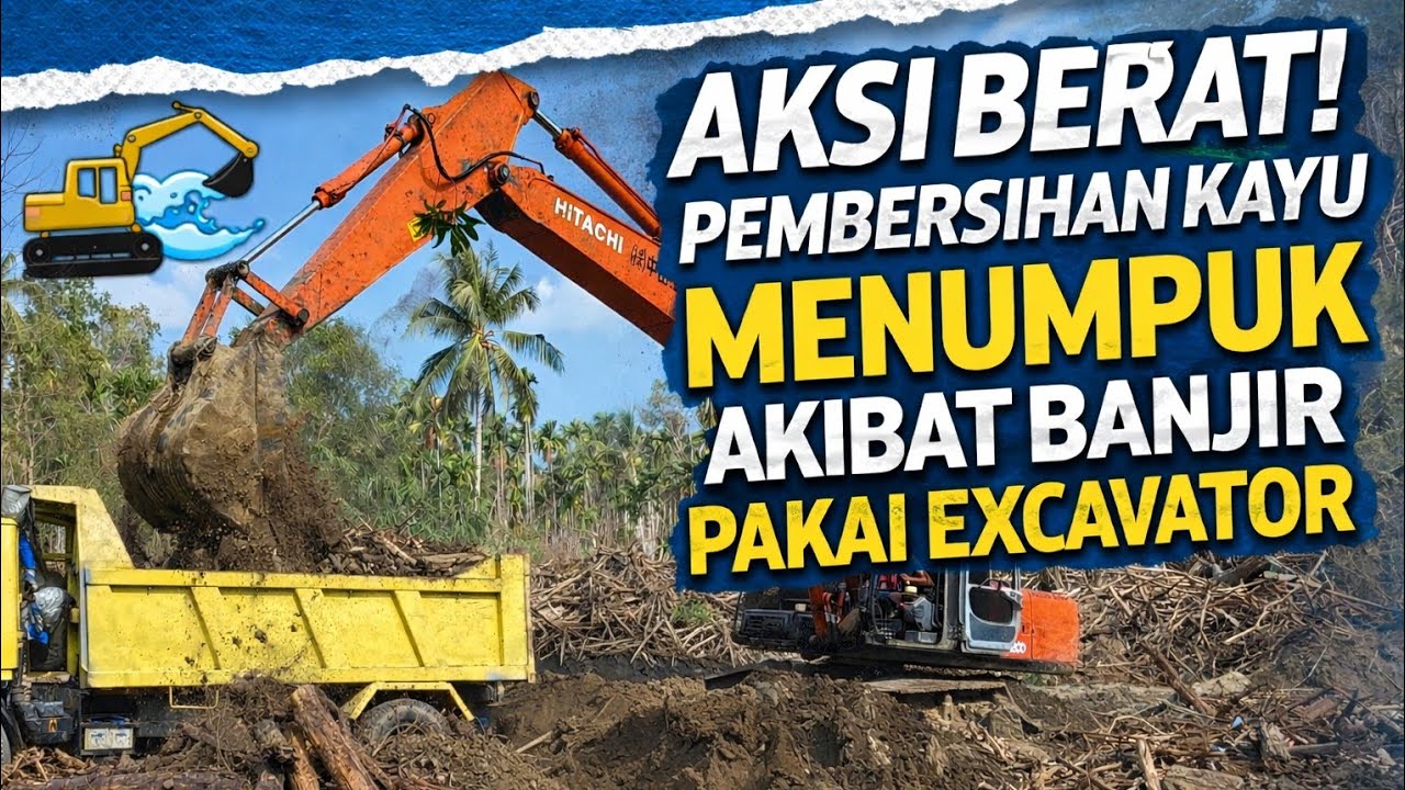 Aksi Berat! Pembersihan Kayu Menumpuk Akibat Banjir Pakai Excavator