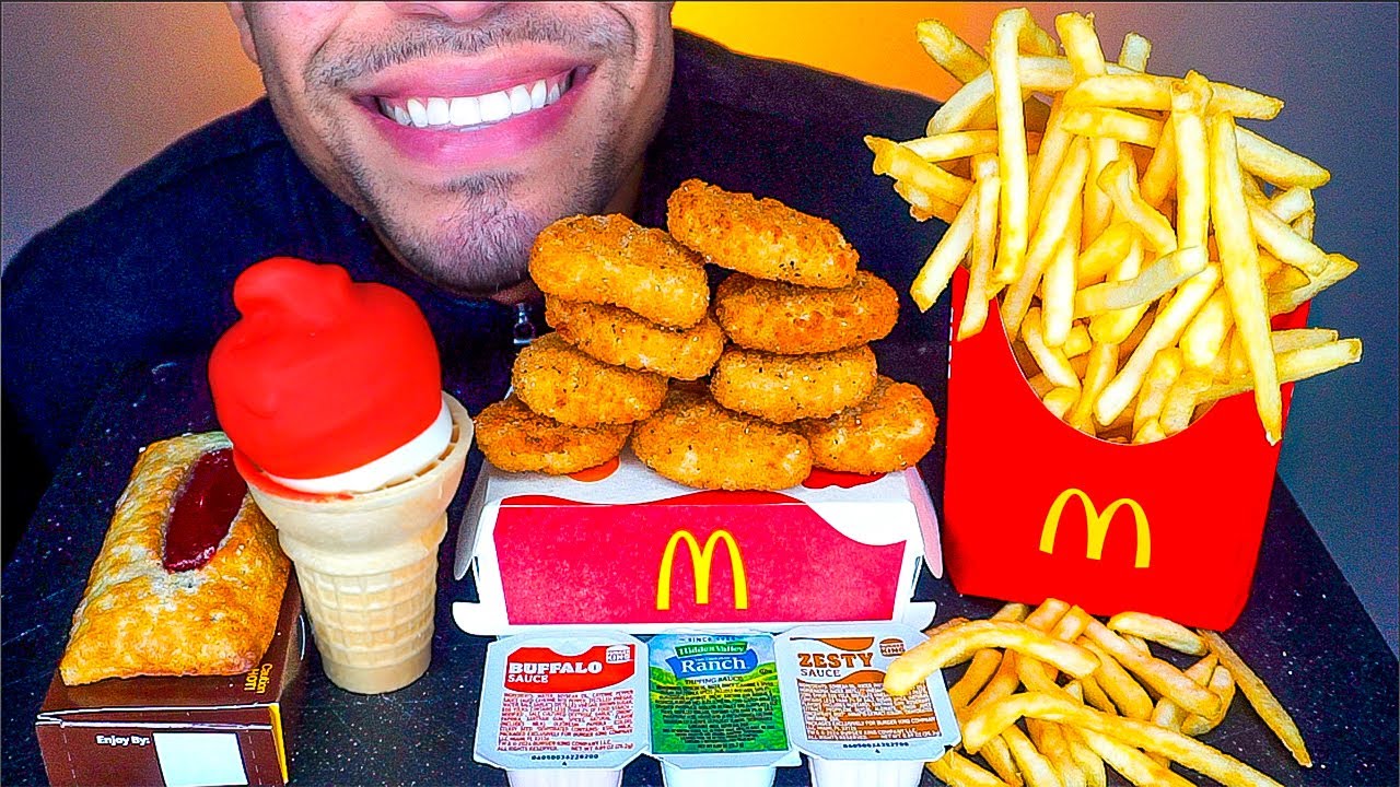 MCDONALD'S CHICKEN NUGGETS ICE CREAM CONE DIPPED CHOCOLATE CRISPY FRENCH FRIES BIG BITES ASMR MUKBAN