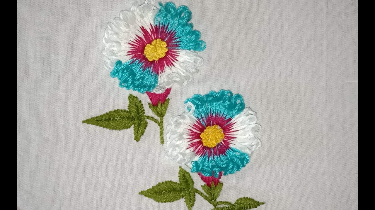 Hand embroidery. Colorful fantasy flower hand embroidery design.