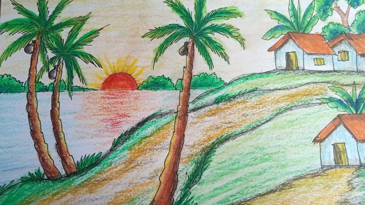 Winter Season Landscape | Village Scenery Drawing | Easy Nature Art
