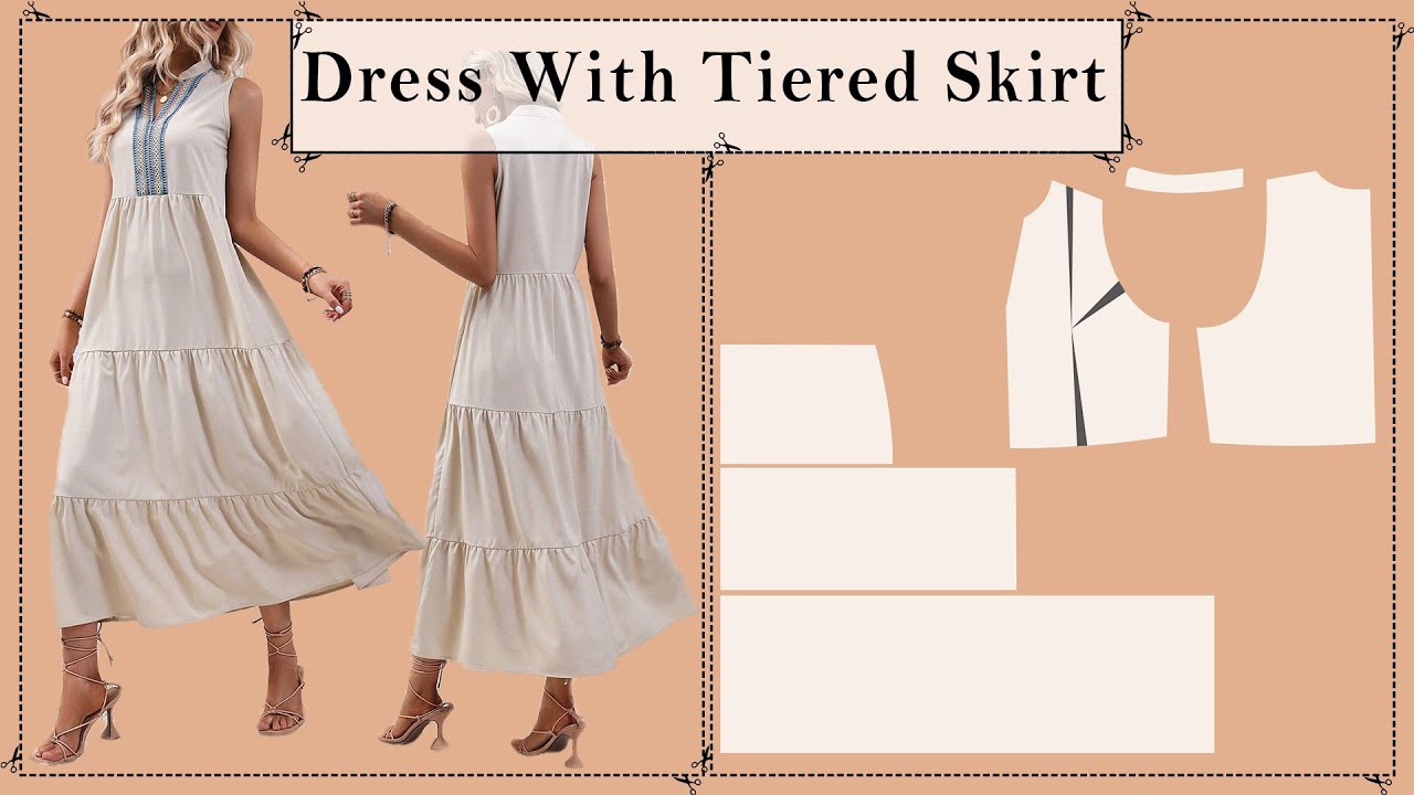 DIY- Draft Boho Dress With Tiered Skirt+ Stand Collar + Sleeveless| Sewing Pattern