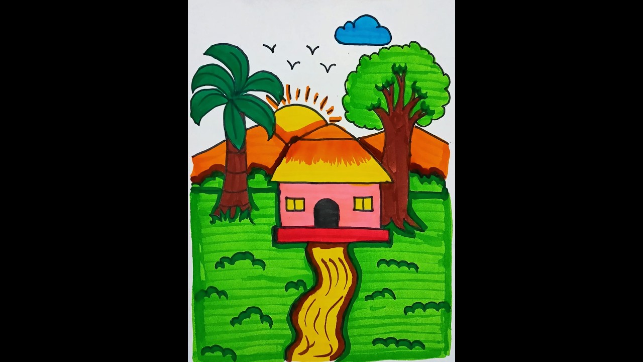 Drawing Scenery of Cottage in Nature