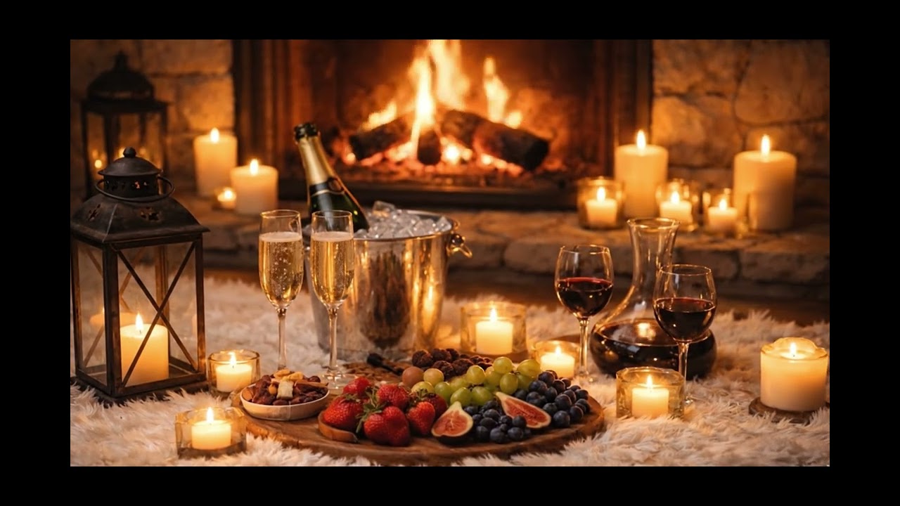 Valentine’s Day Romantic Fireplace 🎷 Jazz Ambience with Champagne | Candlelight Dinner Music