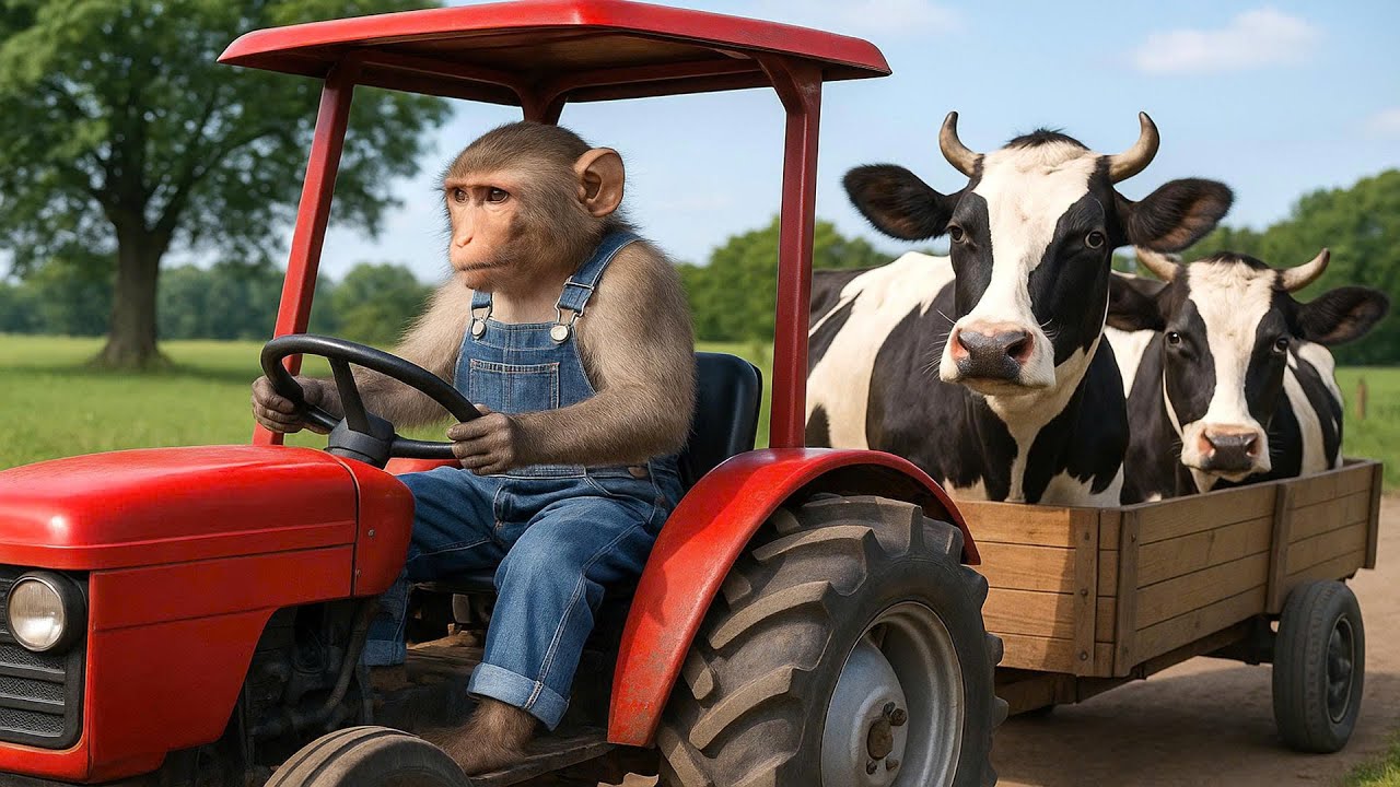 Working With Tractor, Monkey Farmer Milks And Feeds Cows - Monkey Farm Work | CoCo Farm