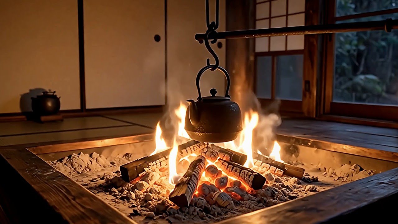 Japanese Irori Fireplace (4K) 🔥 Real Crackling Fire Sounds | 8 Hours | Sleep • Study • Relax