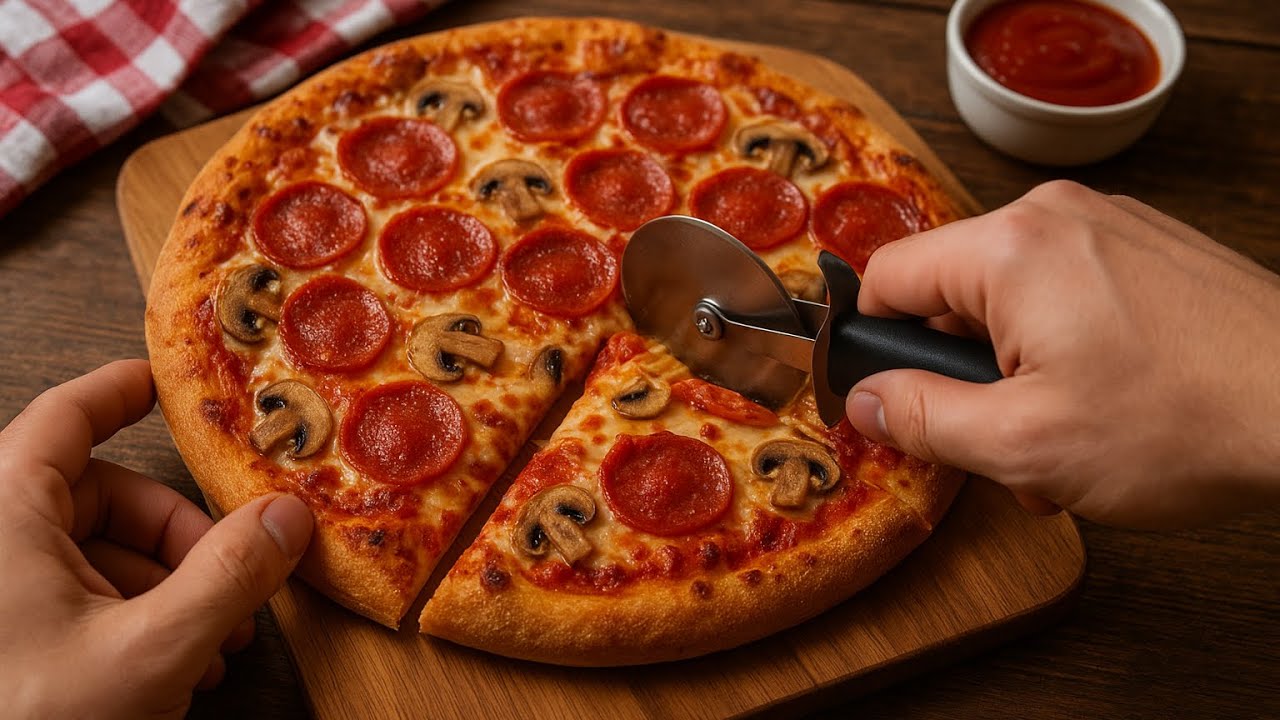 Cutting 15 pizzas for a fast-food restaurant