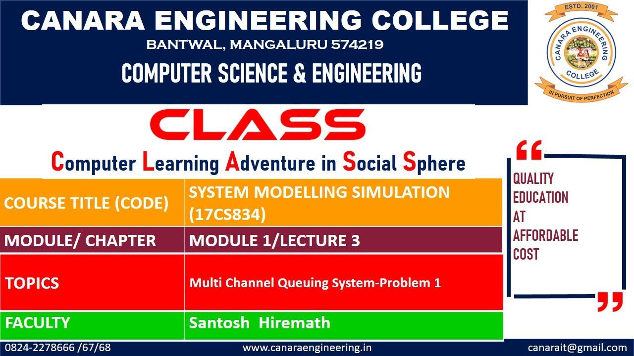 VTU SMS (17CS834) SYSTEM MODELLING & SIMULATION [Multi Channel Queuing System-Problem 1] (M1 L3)
