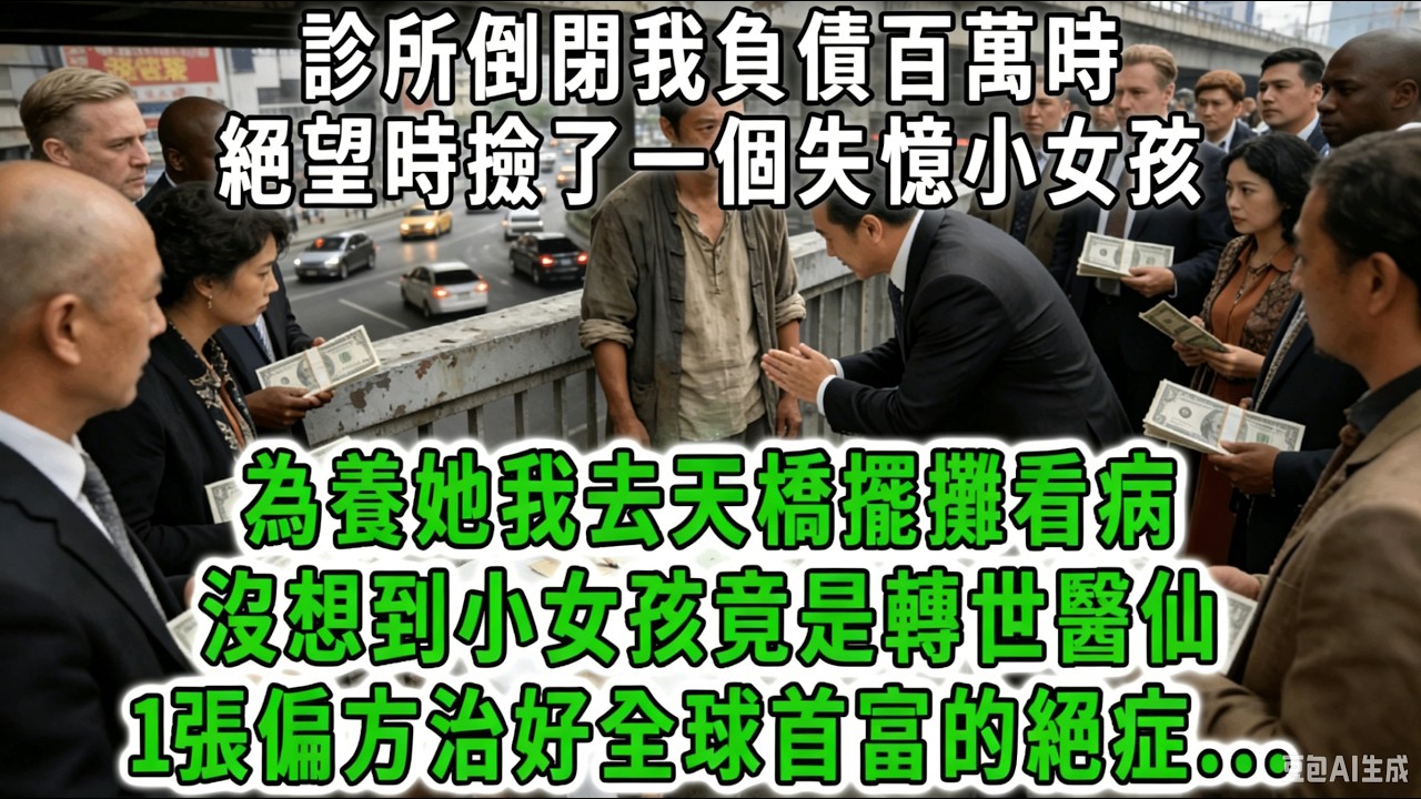 診所倒閉我負債百萬，絕望時撿了一個失憶小女孩。為養她我去天橋擺攤看病，沒想到小女孩竟是轉世醫仙，1張偏方治好全球首富的絕症！各國名流拿上億排隊求醫我傻了！#荷上清風 #爽文