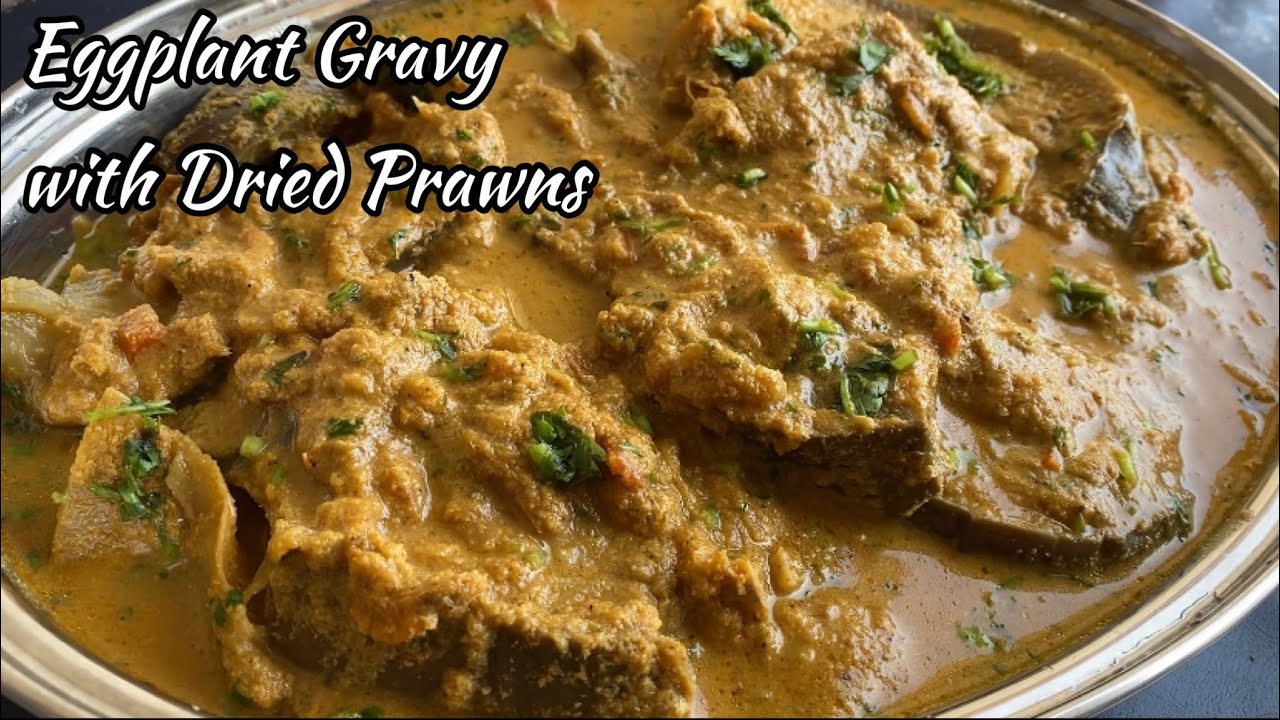 Brinjal Gravy with Dried Prawns. Eggplant Coconut Curry With Dried Shrimps. Aubergine Gravy Recipe.