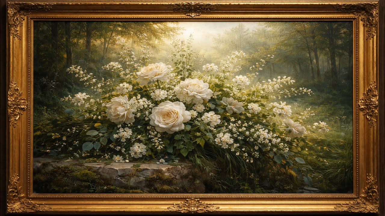 Timeless White Roses 🌿 Framed 4K Art for TV | Calm & Peaceful Gallery