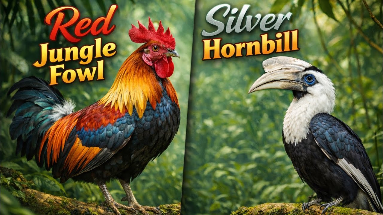 Red forest fowl vs silver hornbill