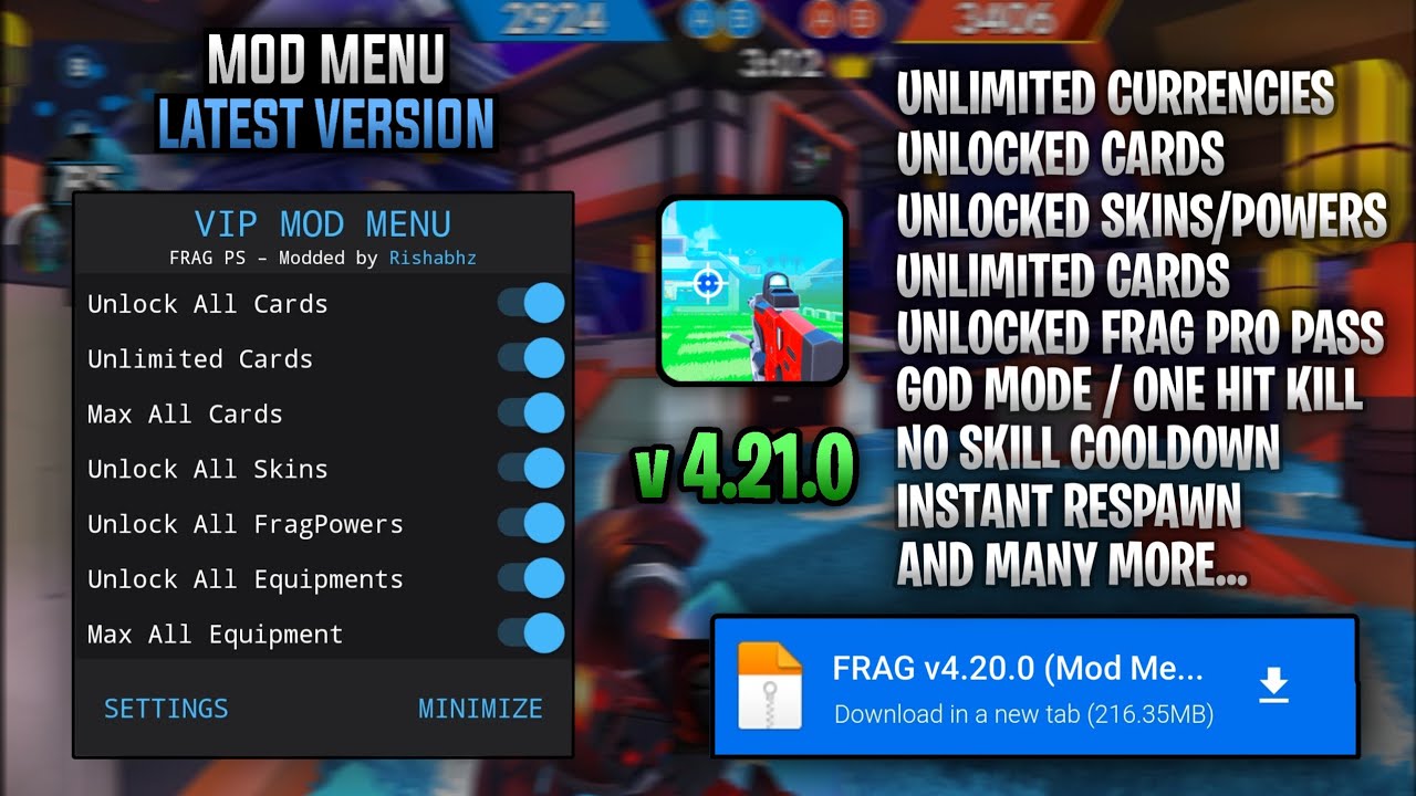 FRAG Pro Shooter Mod Menu версия 4.20.0 | Режим Бога, автоматическое убийство, разблокировка скин...
