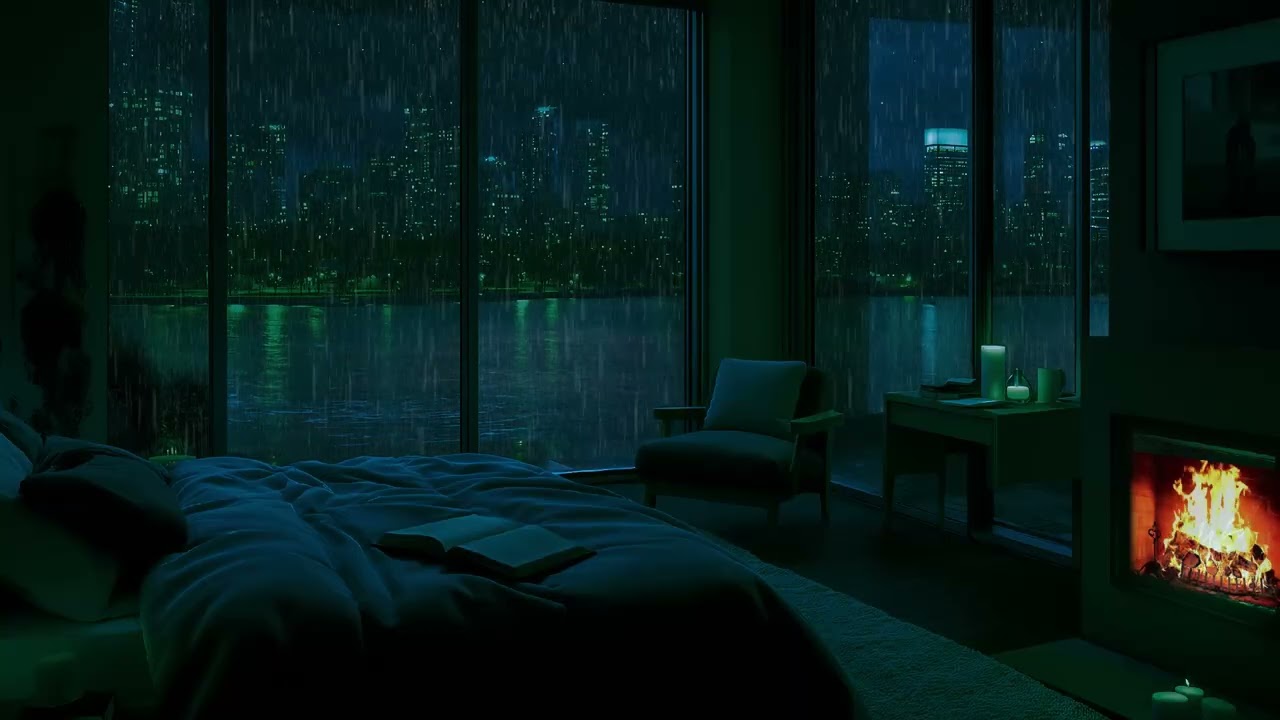 New York City Rainstorm at Midnight 💤 Relaxing Rain & Fireplace Ambience