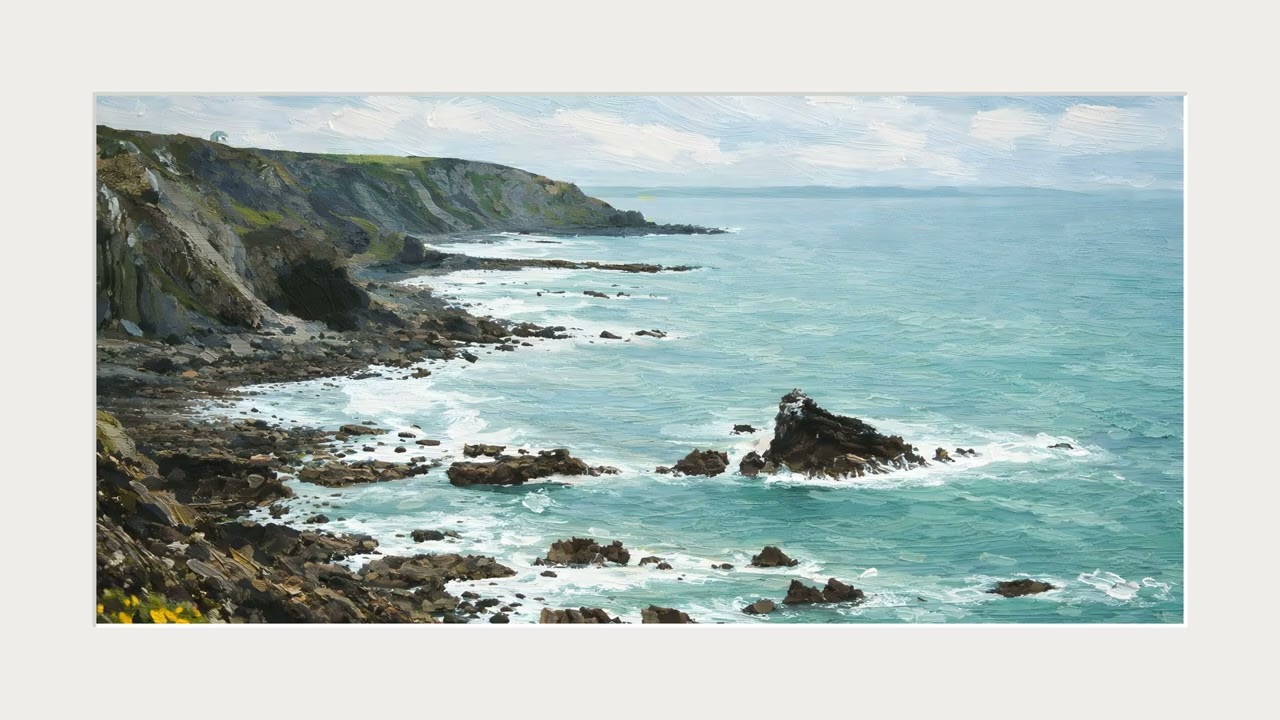 Coastal Cliff Art (White frame) | 4K Oil Painting for Frame TV